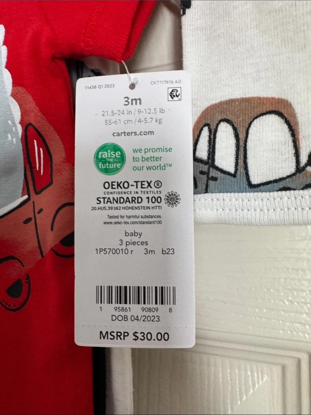 Carter's White Footed One-Piece with Red and Gray Vehicle Print 3 months